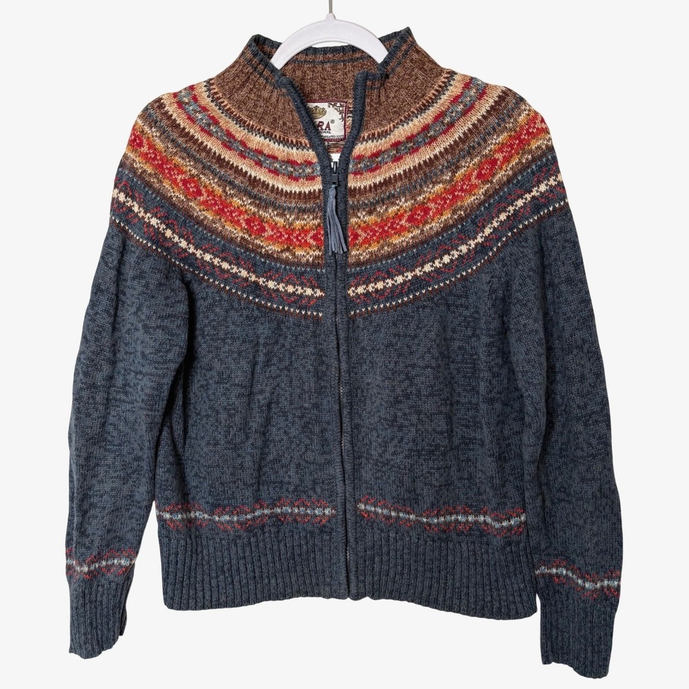 Vtg 2003 Tiara International Fair Isle Zip Cardigan Blue Cottagecore Medium